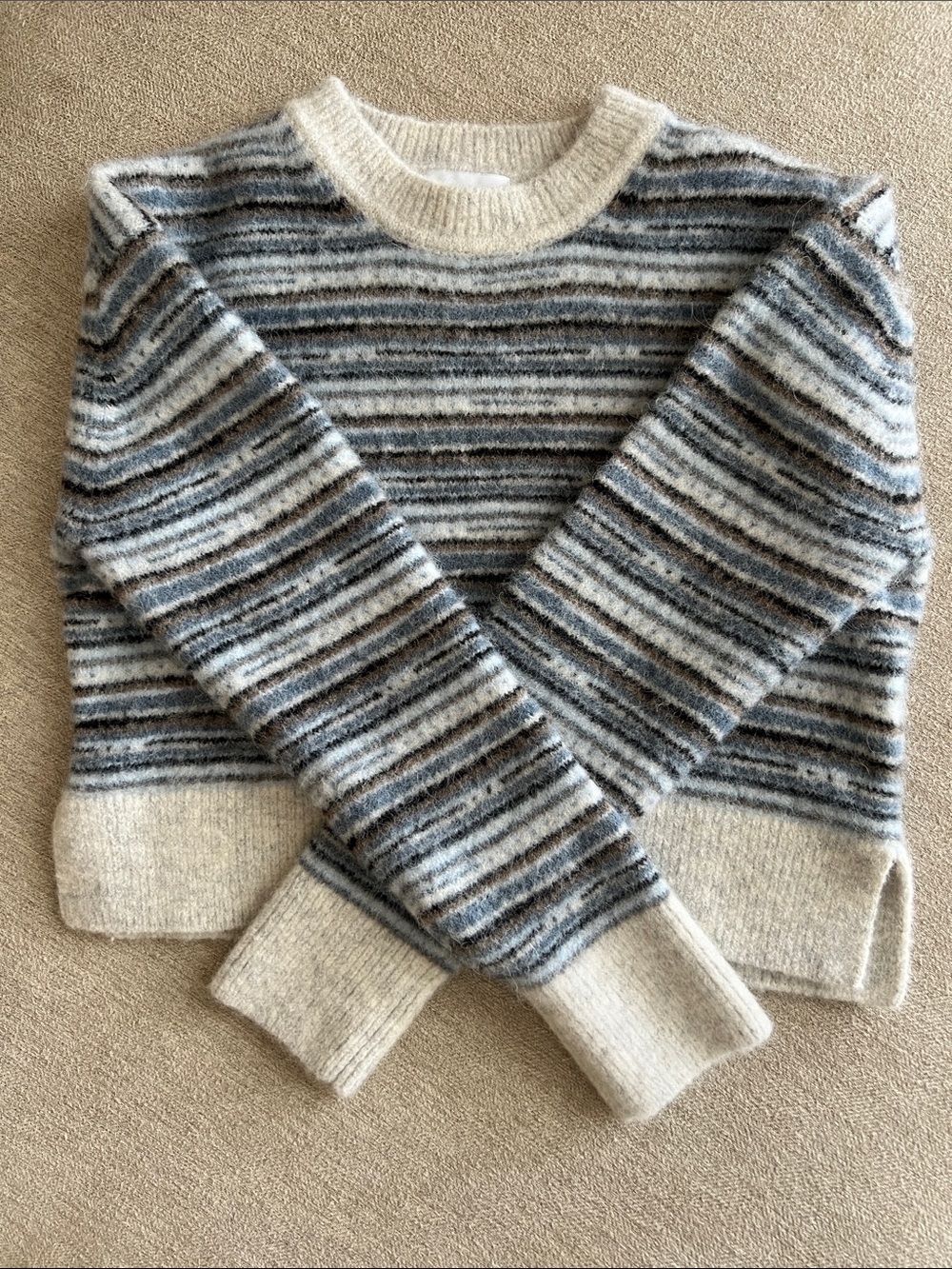 Tanya Taylor Striped Drew Knot Top Crewneck Sweater in Cream, Gray, Brown & Blue